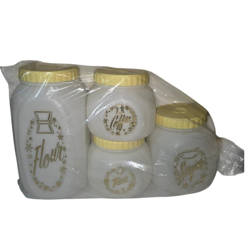 Vtg Bee Plastics Kitchen Canister Set 4pc Flour Sugar Coffee Tea Yellow MCM NEW‎